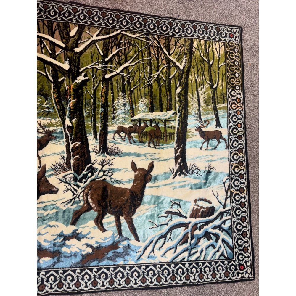 Vtg Velvet Deer Forest Winter Scene Wall Tapestry Hanging XL 75x50 Rustic Cabin - Picture 3 of 9